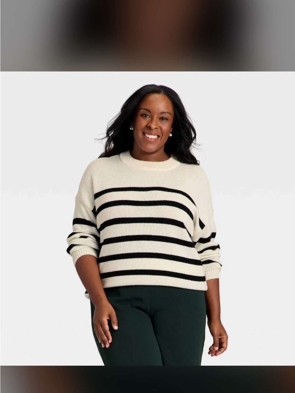 a new day Cream and Black Striped Crewneck Sweater